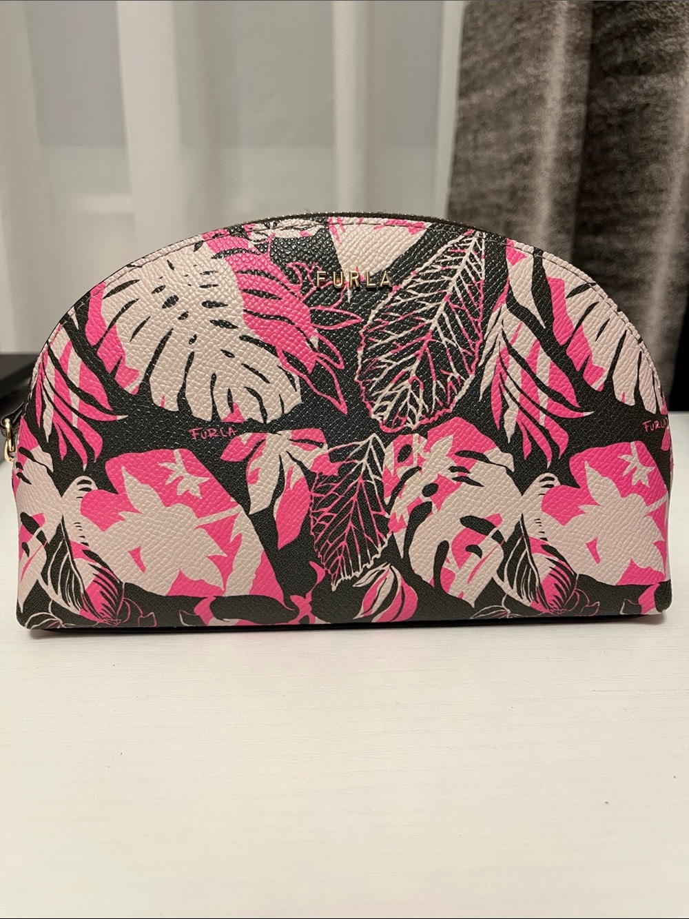 Furla Black & Pink Tropical Leaf Cosmetic, Makeup Pouch